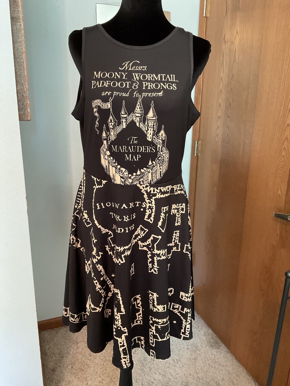 Harry Potter Marauders Map Tank Dress Hot Topic Black Gold Skater Top Womens L